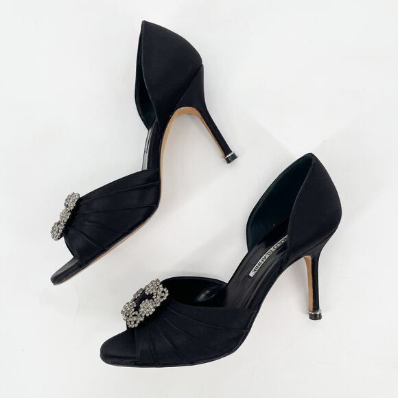 Manolo Blahnik Cassiado Black Satin Crystal Brooch D'Orsay Peep Toe Heels IT 36 - Picture 4 of 10